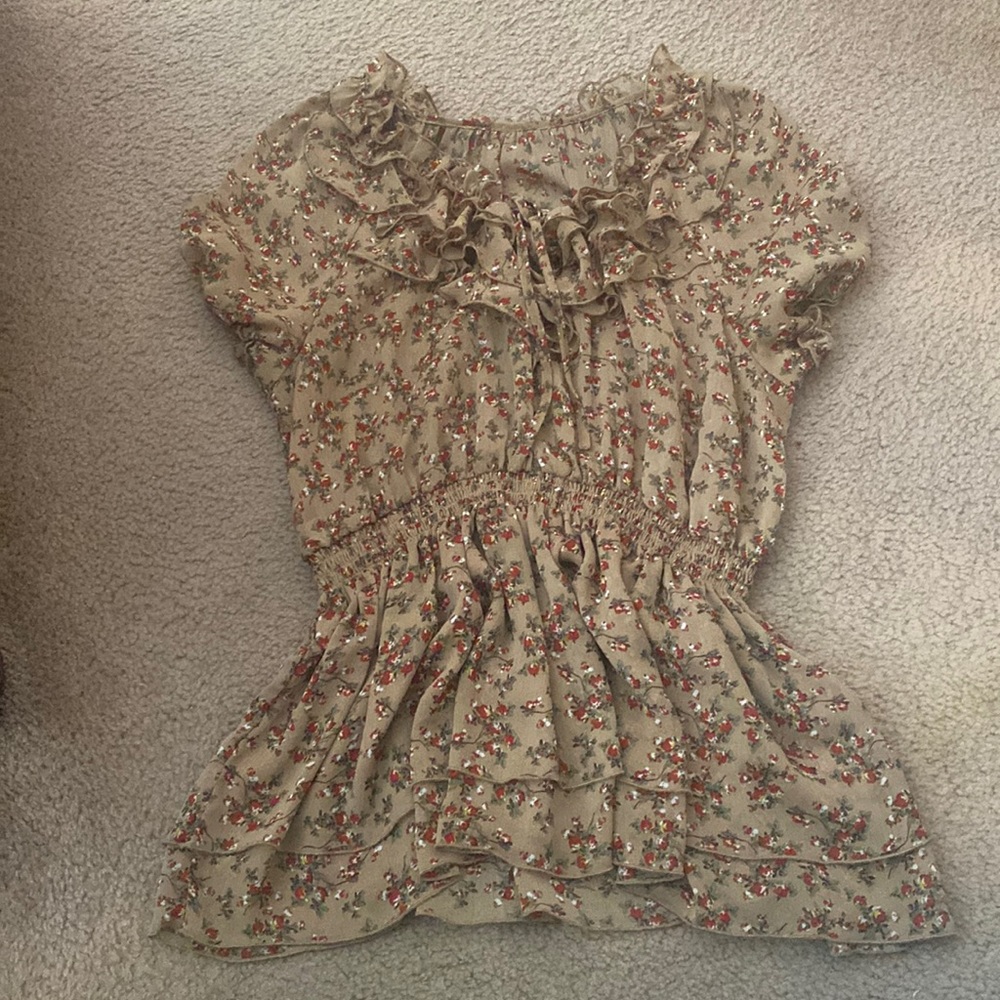 Floral Ruffle Peplum Blouse in Beige